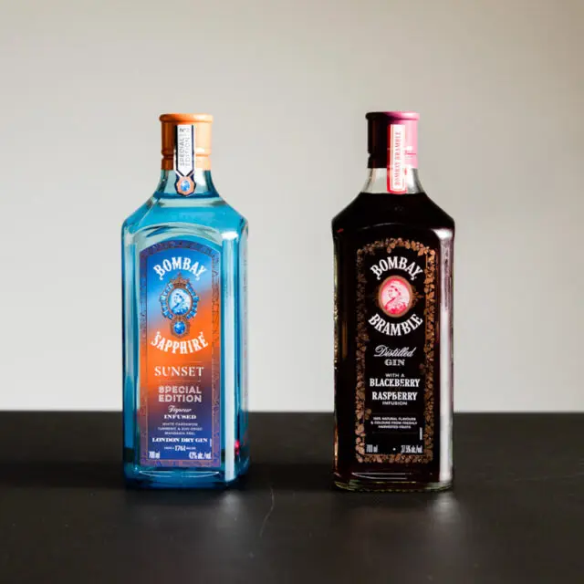 2 bottles of Bombay Sapphire on a black counter taken by photograper Alexandra House Studio