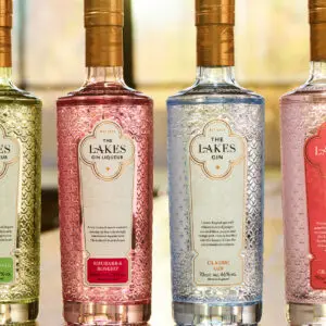 4 bottles of gin by the The Lakes Distillery in green, pink, and blue in elderflower, phubarb and rosehip, pink grapefruit and classic gin.