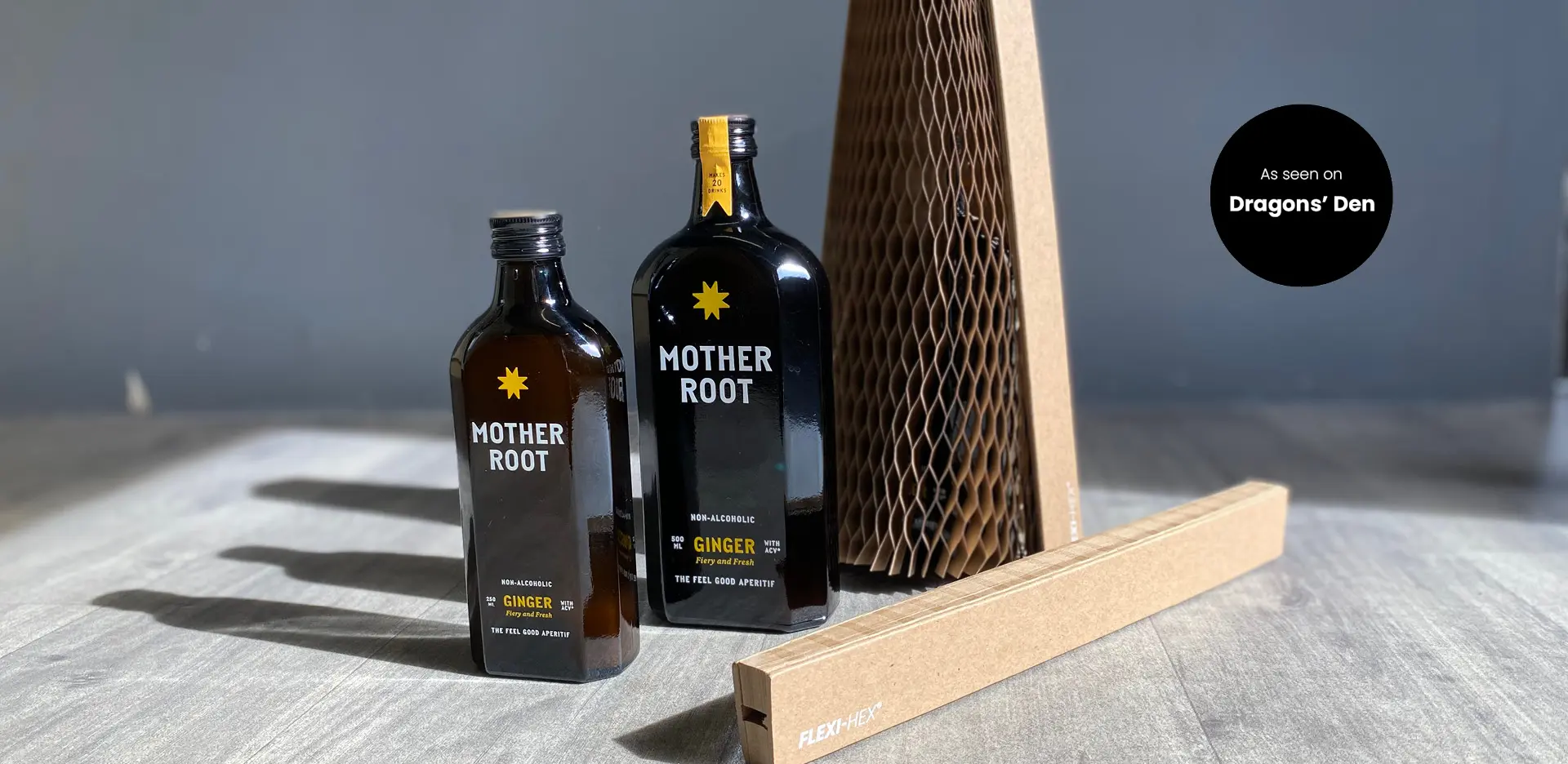 Mother Root drinks bottle as seen on Dragons Den with Flexi-Hex protective packaging