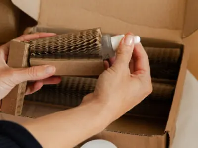 A woman placing a beauty product by Mellow Noir being placed inside a Flexi-Hex protective paper sleeve