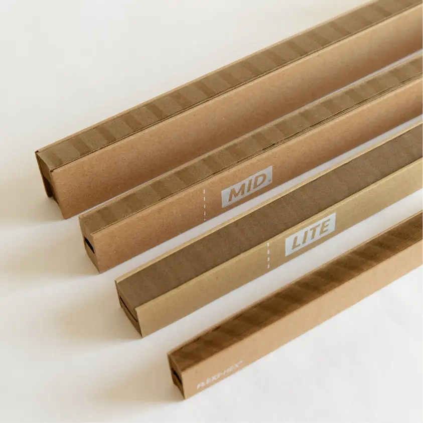 A set of different sized sustainable protective packaging sleeve types by Flexi-Hex