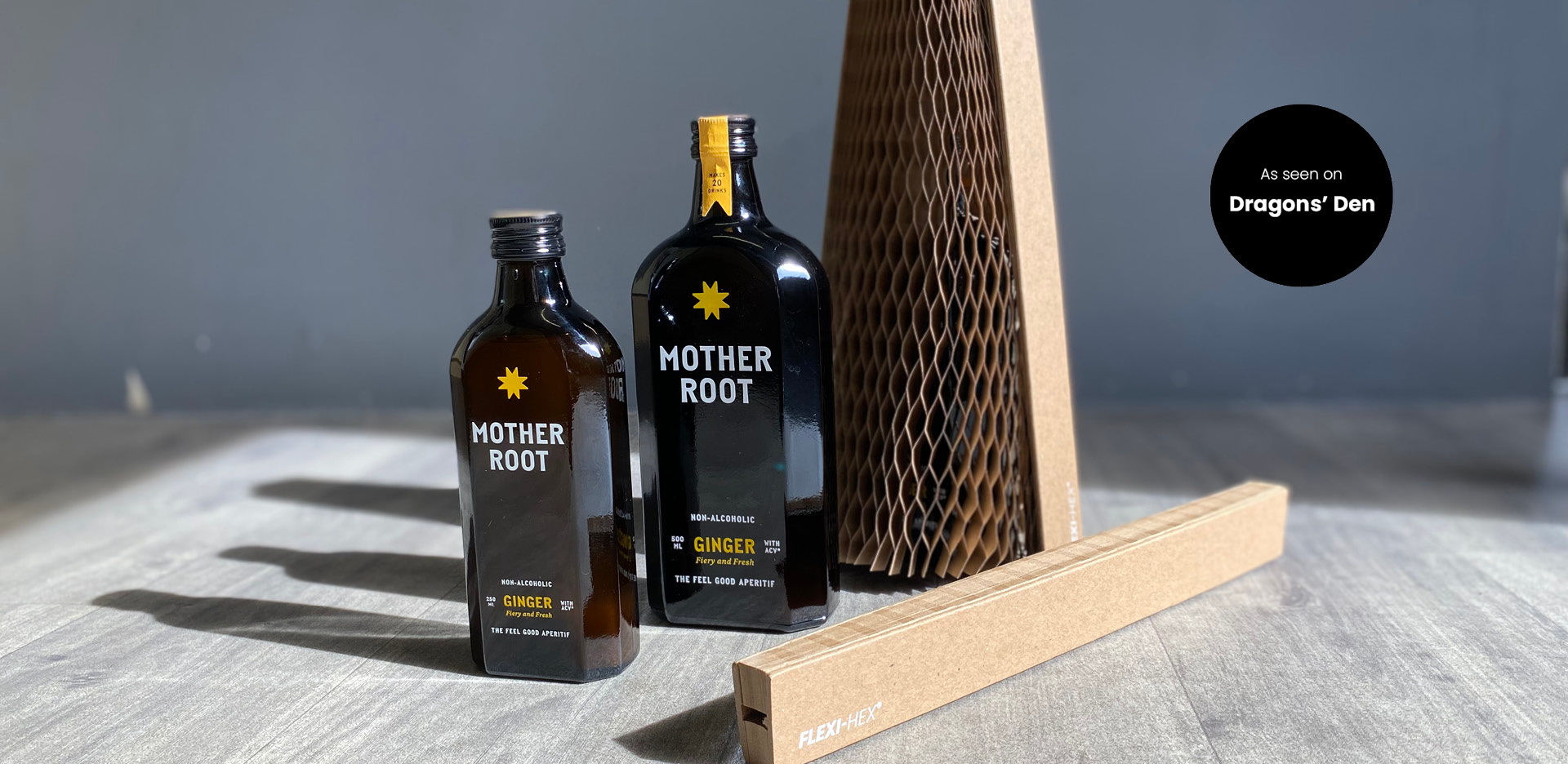 Mother Root drinks bottle as seen on Dragons Den with Flexi-Hex protective packaging