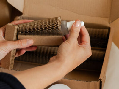 A woman placing a beauty product by Mellow Noir being placed inside a Flexi-Hex protective paper sleeve