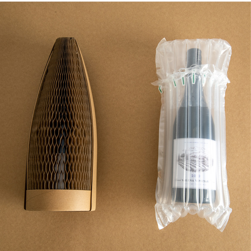 Flexi-Hex eco paper packaging for bottles compared with plastic air bags