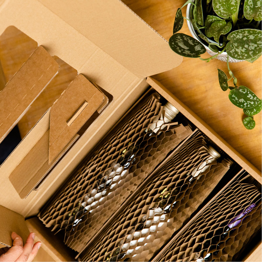 A detailed shot of Flexi-Hex protective honeycomb sustainable bottle packaging